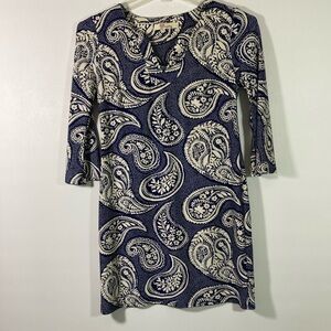 Axyeh Dress Women Size Small Navy & Cream V Neck 3/4 Sleeve